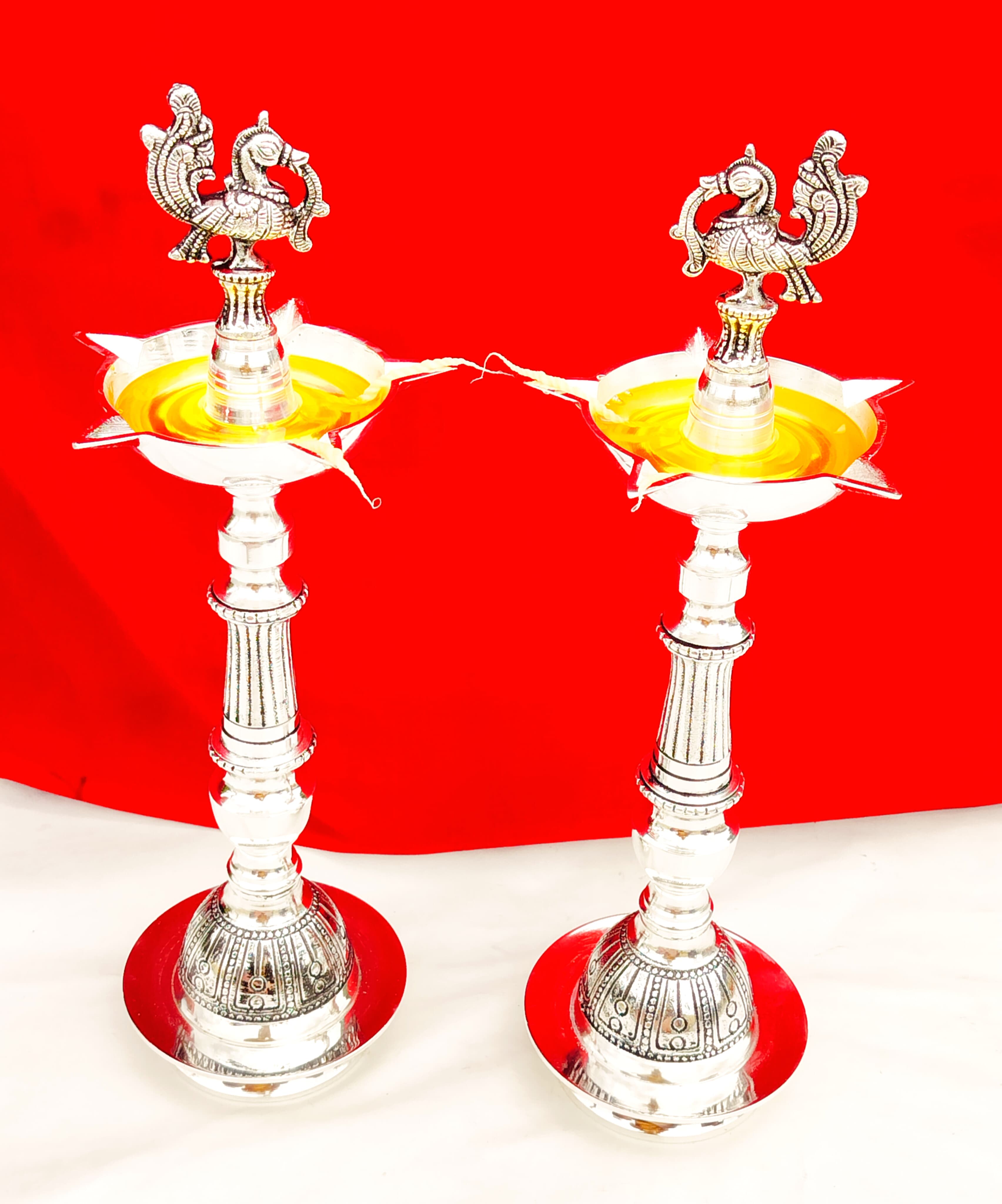 Antique Finish German Silver Peacock Diya Pair for Diwali/ Temple/ Housewarming Pooja